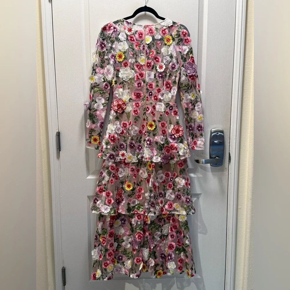 ELLIATT Neve Floral Tiered Gown Size S NWT Romantic Embroidered Mesh Midi Dress - Picture 7 of 8